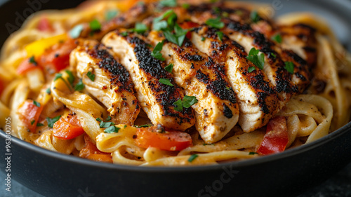 Cajun Chicken Pasta with Creamy Sauce and Fresh Herbs - Close-Up Food Photography, Generative Ai
