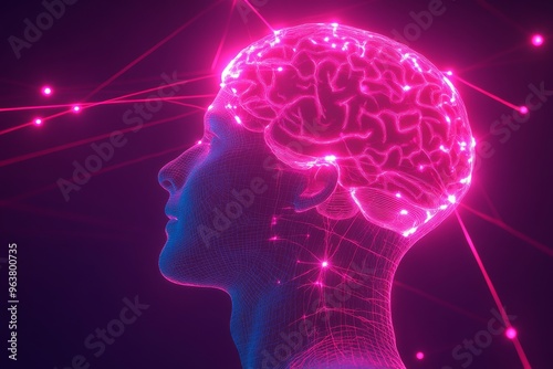 NMDA receptor allosteric modulation and gliotransmission neon pink glowing human brain connected to an electric neural web symbolizing high energy thinking photo