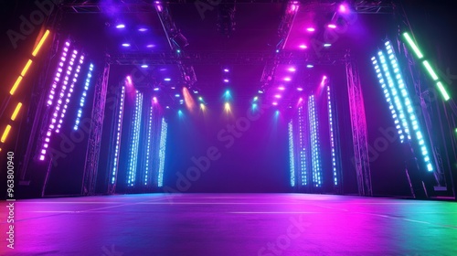 A large stage with bright lights and a blue background