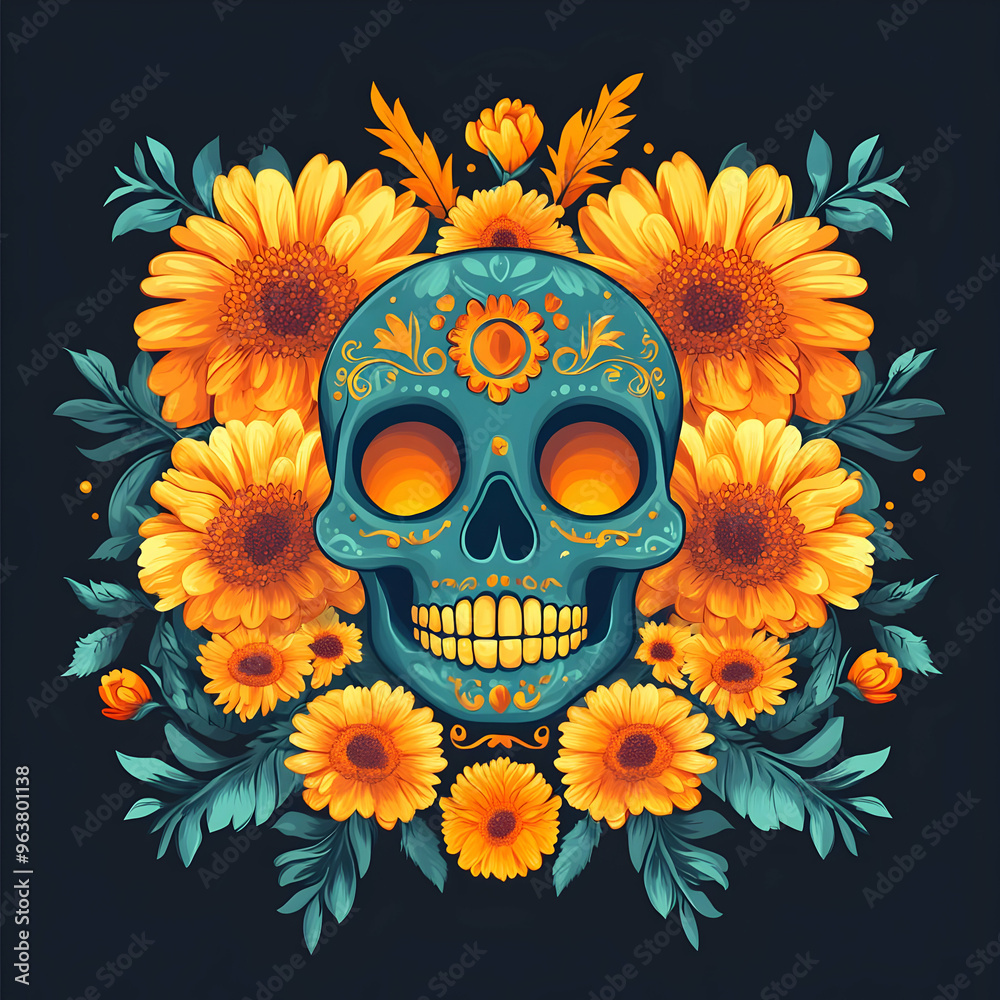 Vibrant Flat Glossy Marigolds Surrounding Reflective Sugar Skull - Dia de Muertos Concept in Dark Background - Vector Illustration Vibrant Flat Glossy Marigolds Surrounding Reflective Sugar Skull - Dia de Muertos Concept in Dark Background - Vector Illustration