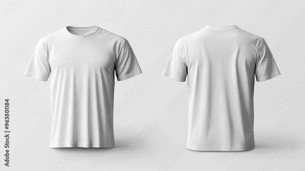 A plain white t-shirt displayed from the front and back for design or promotional purposes. A plain white t-shirt displayed from the front and back for design or promotional purposes.