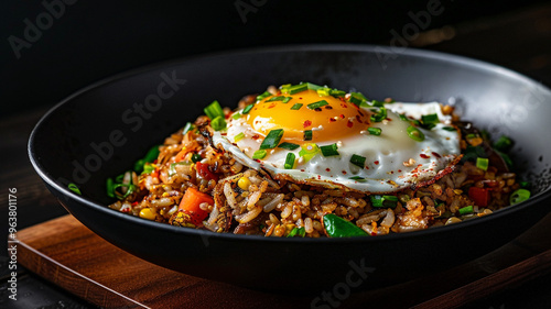  Indonesian Fried rice with Sunny-Side-Up Egg and Fresh Vegetables - Gourmet Food Photography, Generative Ai