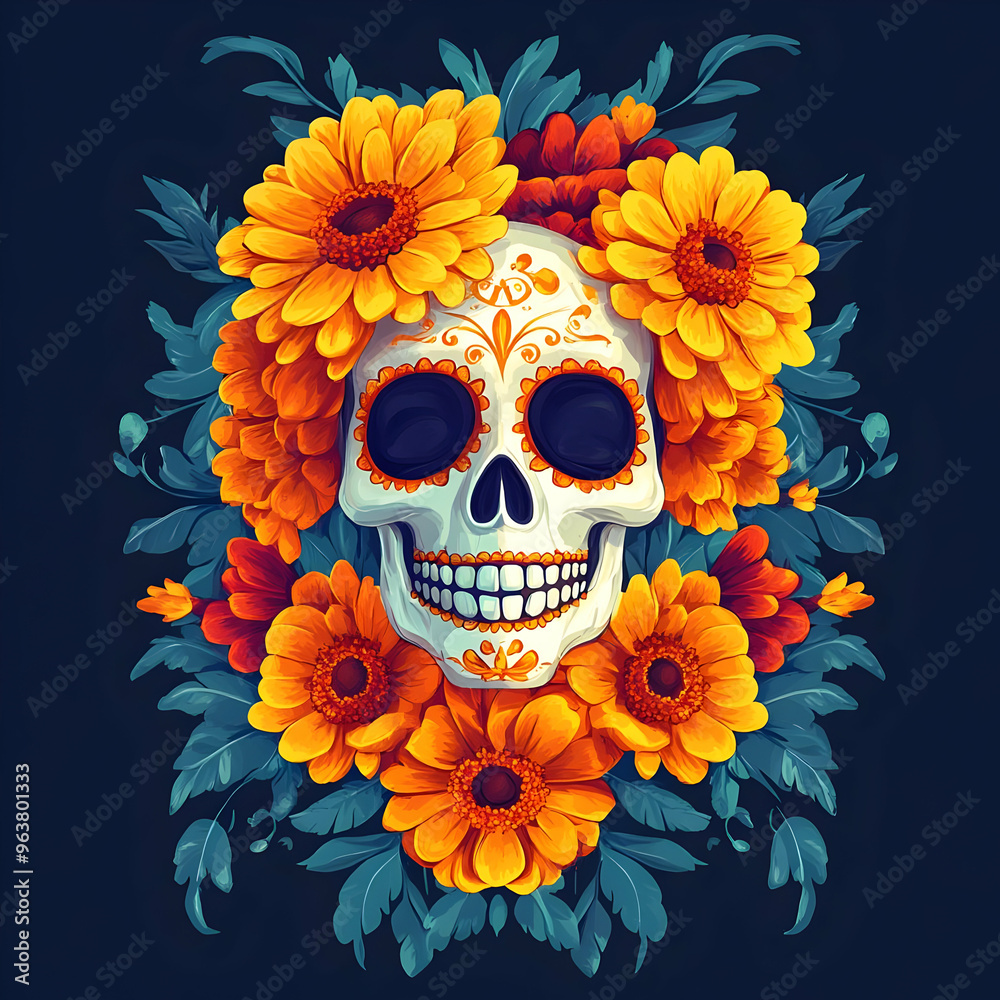 Flat Glossy Sugar Skull with Reflective Papel Picado | Mid Shot Illustration Celebrating Dia de Muertos Cultural Elements Flat Glossy Sugar Skull with Reflective Papel Picado | Mid Shot Illustration Celebrating Dia de Muertos Cultural Elements