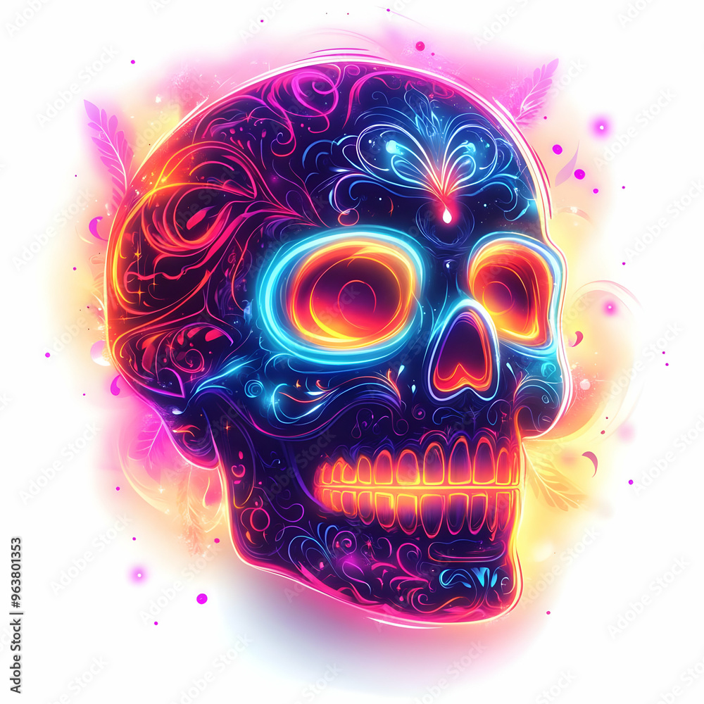 Fototapeta premium Vibrant Flat Glowing Calavera Skull in Abstract Neon Light - Dia de Muertos Digital Art, Colorful Vector Illustration for Creative Projects