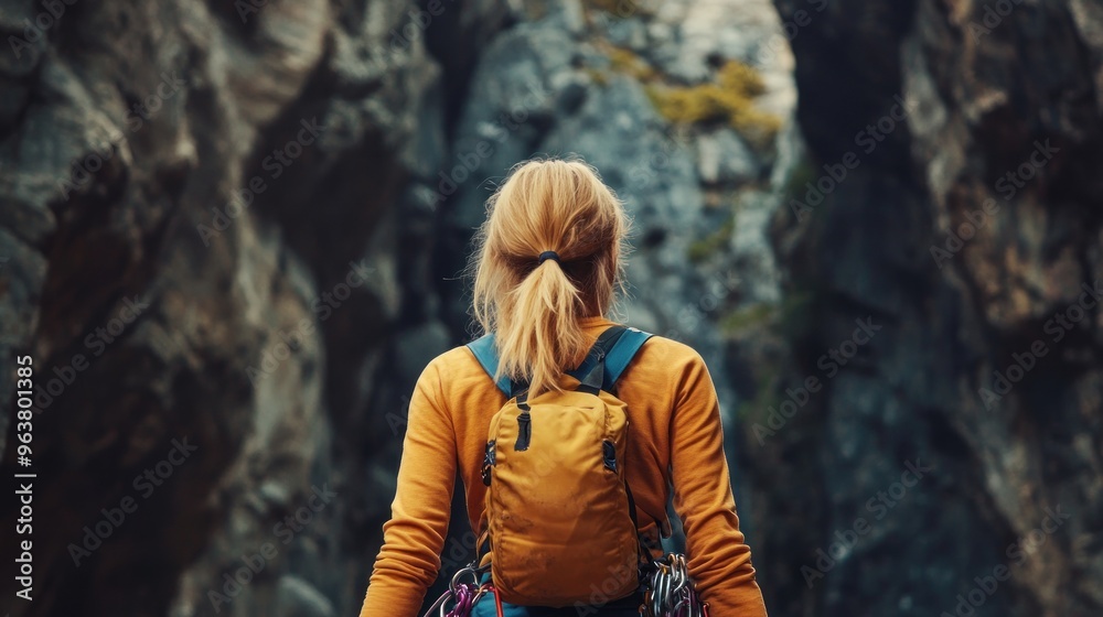 Fototapeta premium A person with a backpack gazes into a rocky canyon, embodying adventure and exploration.