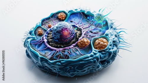 A highly detailed microscopic view of a single human cell, showcasing its intricate organelles and structures