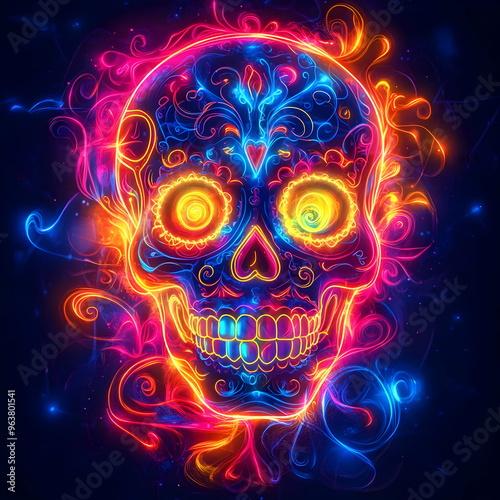 Flat Vector Illustration of a Glowing Sugar Skull with Neon Patterns Celebrating Dia de Muertos - Digital Artwork in Abstract Style