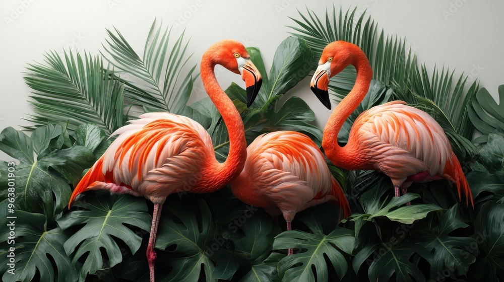 Fototapeta premium Pink flamingos in a pattern, white backdrop
