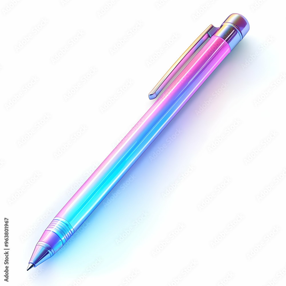 Flat Holographic Pen with Glowing Ink on Glossy White Surface - Symbolizing Technology and Creativity in Modern Writing Instruments | Vector Illustration Flat Holographic Pen with Glowing Ink on Glossy White Surface - Symbolizing Technology and Creativity in Modern Writing Instruments | Vector Illustration