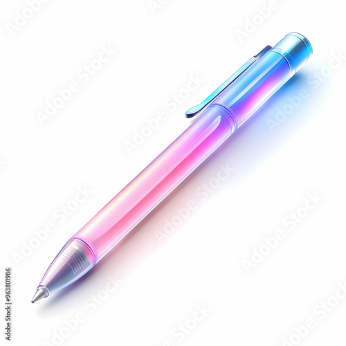 Flat Holographic Pen with Glowing Ink on Glossy Surface - A Sleek, Isolated Design Symbolizing Technology and Creativity in Writing Instruments