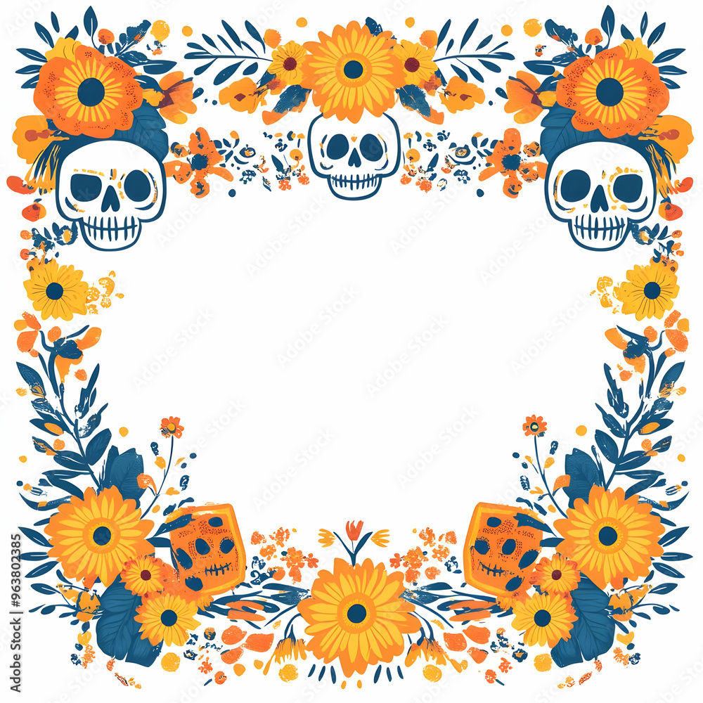 Vibrant Flat Marigold Garland and Papel Picado Border Frame for Dia de Muertos - Open Space for Custom Text or Images Vibrant Flat Marigold Garland and Papel Picado Border Frame for Dia de Muertos - Open Space for Custom Text or Images