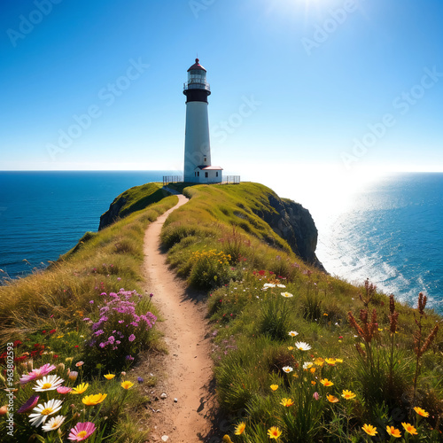 Scenic lighthouse on a cliffside with a path and wildflowers