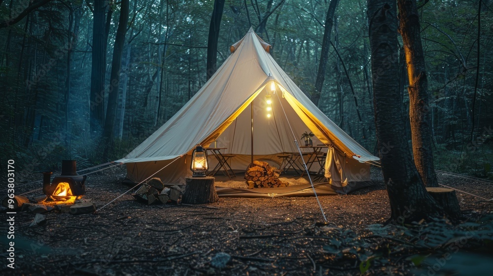 sitting in white camping tent in the forest at night with lantern lights and wood stove, it's night in the forest vibes sitting in white camping tent in the forest at night with lantern lights and wood stove, it's night in the forest vibes