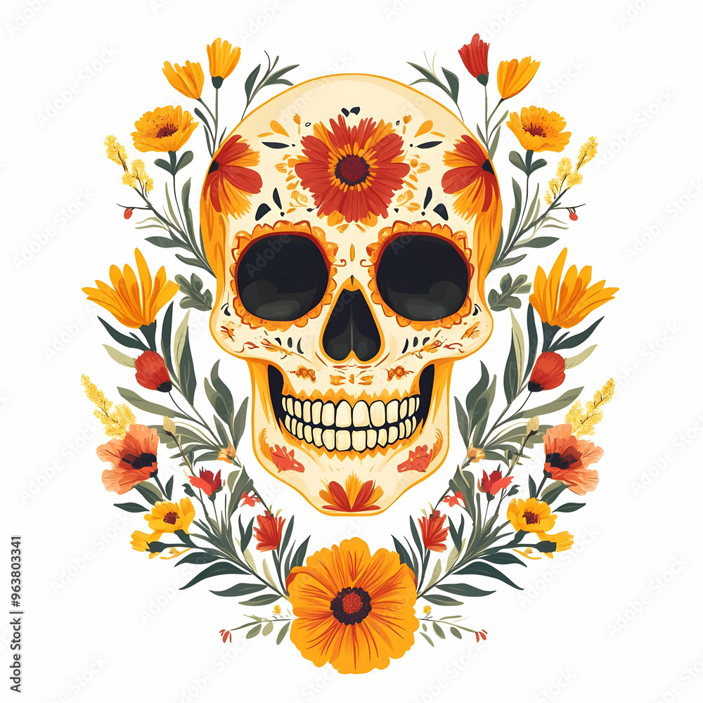 Flat Skull and Marigold Petal Vector Illustration - Minimalistic Dia de Muertos Design Featuring Detailed Skull and Isolated Marigold Petal Flat Skull and Marigold Petal Vector Illustration - Minimalistic Dia de Muertos Design Featuring Detailed Skull and Isolated Marigold Petal