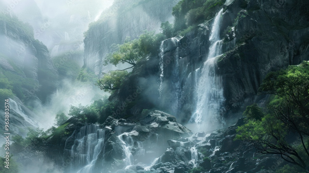 A misty waterfall cascading down a rocky cliffside in a hidden valley A misty waterfall cascading down a rocky cliffside in a hidden valley