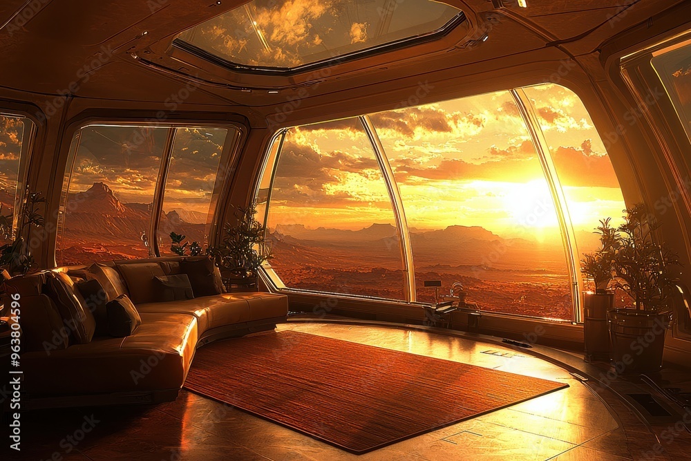 Fototapeta premium Sunset view from luxury cabin with panoramic windows overlooking scenic landscape