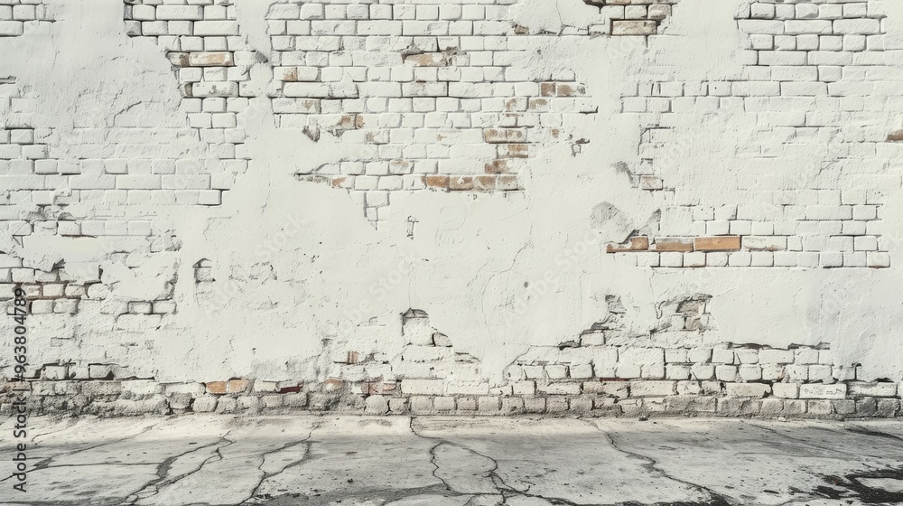 Urban setting with white distressed brick wall and space for text Urban setting with white distressed brick wall and space for text