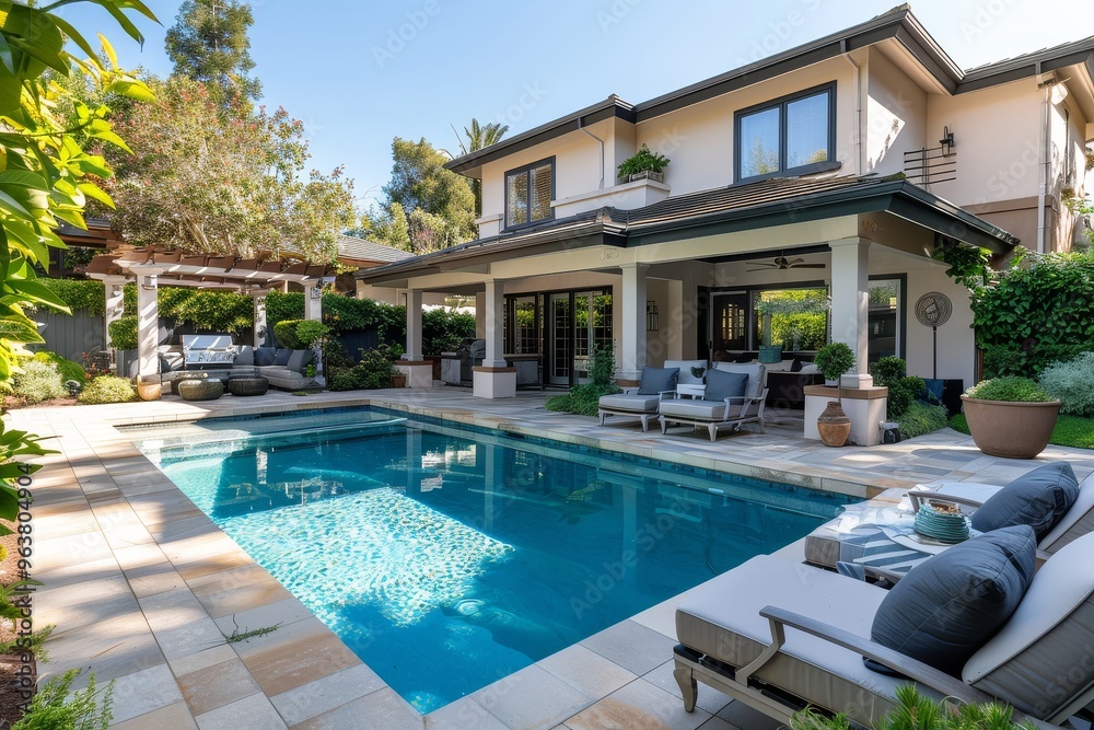 Beautiful outdoor home with pool, patio seating, and large backyard in Washington state, surrounded by greenery and trees, featuring a diving board and flowers. Beautiful outdoor home with pool, patio seating, and large backyard in Washington state, surrounded by greenery and trees, featuring a diving board and flowers.