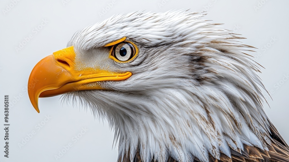 Obraz premium Side view of a bald eagle on a pristine white background, highlighting its detailed feathers