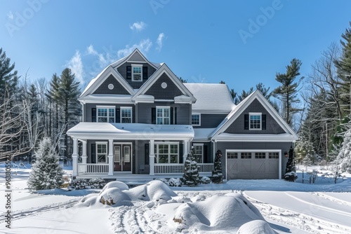 Beautiful New England style house in the snow with blue sky, featuring a large front porch, garage, and snow-covered pine trees on a clear day.