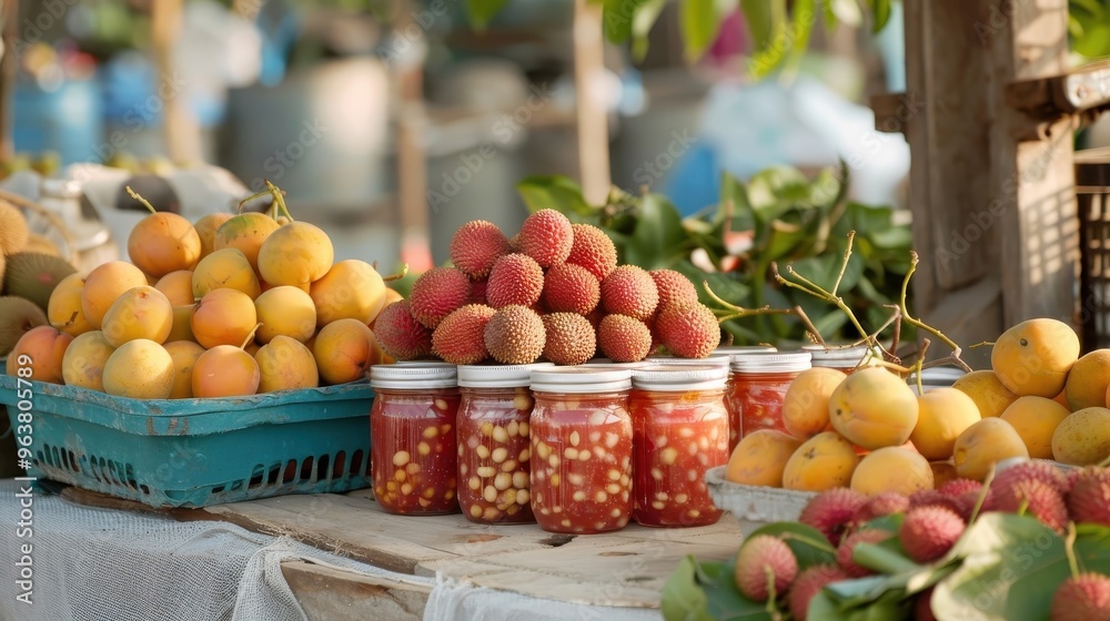Lively farmer's market stall showcasing jars of lychee jam, with fresh lychees and other produce around. Lively farmer's market stall showcasing jars of lychee jam, with fresh lychees and other produce around.