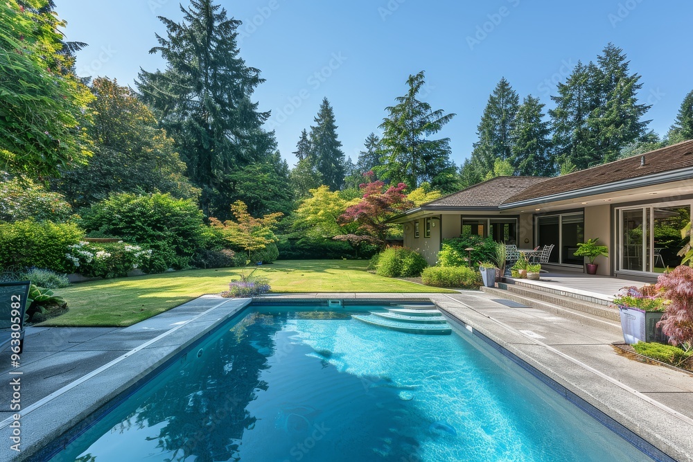 Fototapeta premium Beautiful large backyard with pool and deck in Pacific Northwest, showcasing real estate exterior and landscape under a clear blue sky.