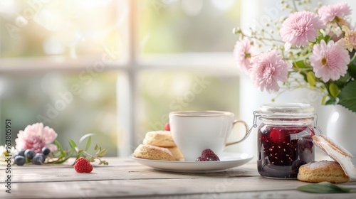 Cozy breakfast scene with a jar of mixed berry jam, warm scones, and a cup of tea, evoking a fresh and fruity morning ambiance.