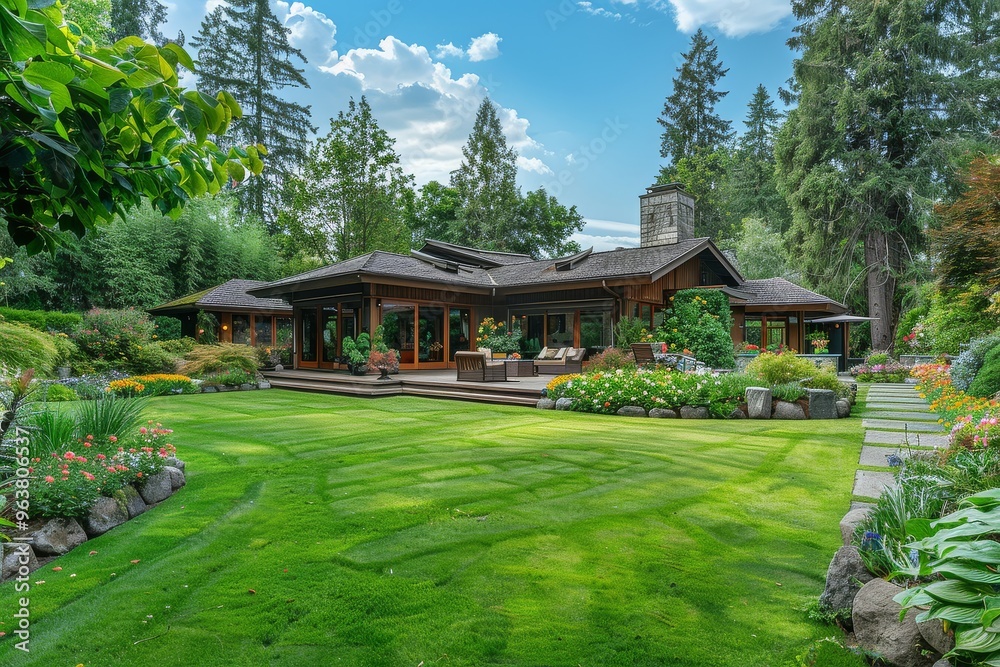 Spacious backyard with lush green grass, trees, flower beds, and patio area in Washington State, showcasing home exterior and landscape design on a sunny day. Spacious backyard with lush green grass, trees, flower beds, and patio area in Washington State, showcasing home exterior and landscape design on a sunny day.