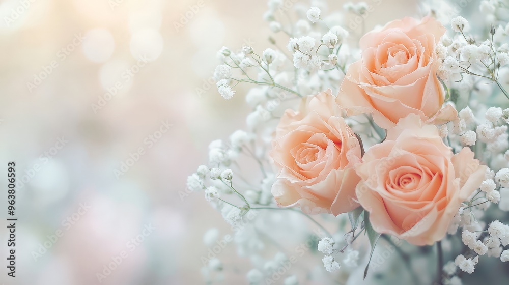 Fototapeta premium Delicate Bouquet of Roses and Baby's Breath with Soft Background