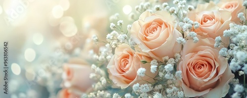 Delicate Bouquet of Roses and Baby's Breath with Soft Background