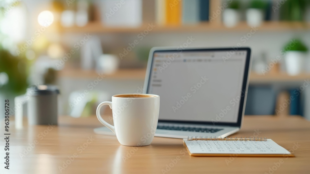 Clean desk with a laptop, calendar, and coffee cup, symbolizing a telecommuting routine focused on productivity and time management Clean desk with a laptop, calendar, and coffee cup, symbolizing a telecommuting routine focused on productivity and time management