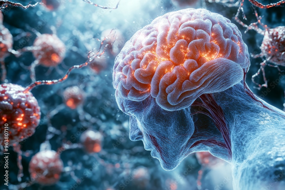 Fototapeta premium Synaptic pruning brainwave synchronization and computational neuroscience conceptual illustration of a human brain inside a digitalized network surrounded by viral elements