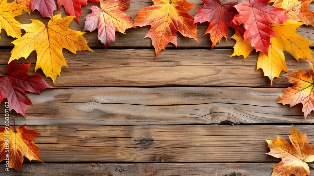 Obraz premium Golden yellow and orange fall leaves placed on a wooden surface, with natural wood grain visible. The simplicity and warmth of the arrangement evoke the peacefulness and nostalgia of autumn,