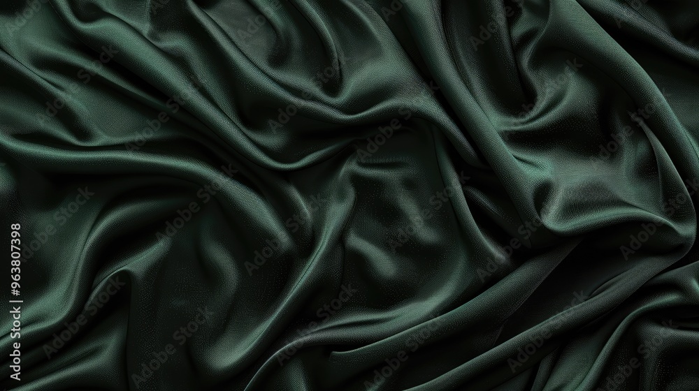 Obraz premium Black silk fabric with green stripes, wrinkled texture. Abstract dark green background template.