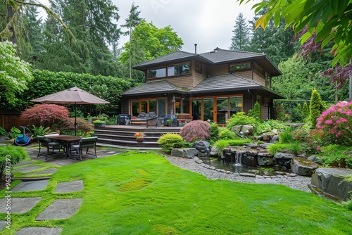 Large backyard with green grass, lush landscaping, and medium brown house in Pacific Northwest, featuring red-bellied trees, blueberries, pink flowers, stones, water features, patios, and sitting area