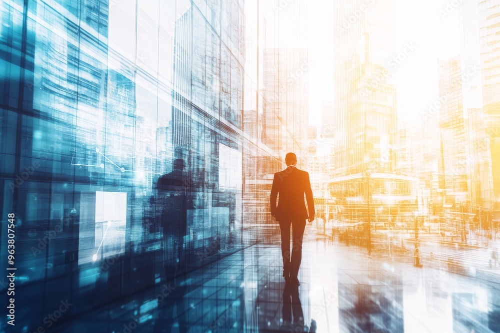 Man Walking Towards a Cityscape with a Digital Overlay Man Walking Towards a Cityscape with a Digital Overlay
