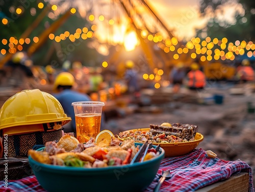 A sunset gathering with food and drinks at a construction site celebration.