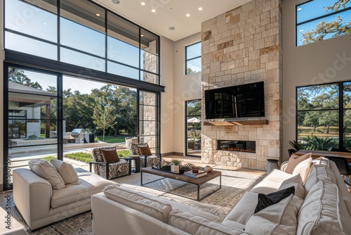 Elegant living room with modern fireplace, large windows, and stone walls, overlooking a country club golf course, located in Sharpes Village, San Antonio, Texas.