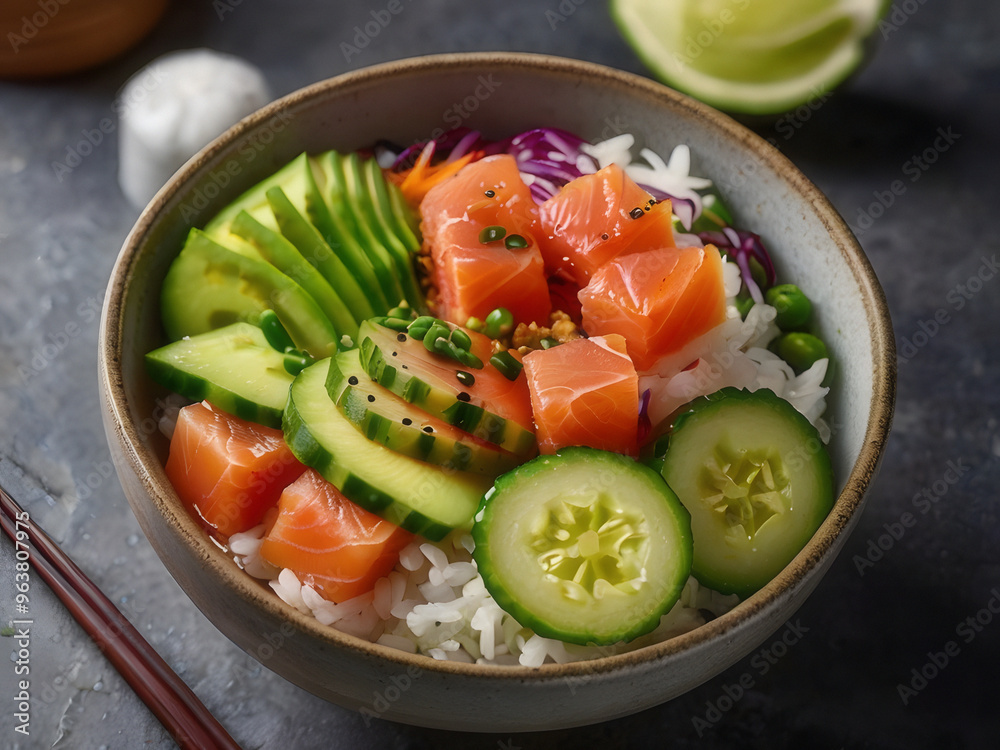 Delicious fresh healty hawaiian salmon poke bowl (avocado, salmon, carrot, cucumber, red cabbage, radish and rice) Delicious fresh healty hawaiian salmon poke bowl (avocado, salmon, carrot, cucumber, red cabbage, radish and rice)