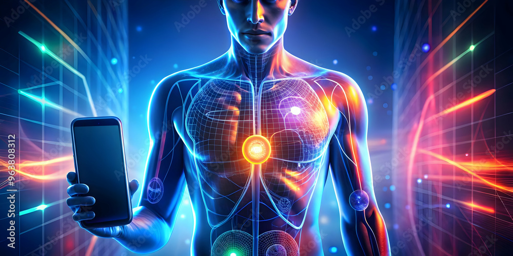 Glowing Digital Art of a Diabetic Person Using an Insulin Pump with Neon Effects: Modern Diabetes Management Concept on World Diabetes Day Glowing Digital Art of a Diabetic Person Using an Insulin Pump with Neon Effects: Modern Diabetes Management Concept on World Diabetes Day
