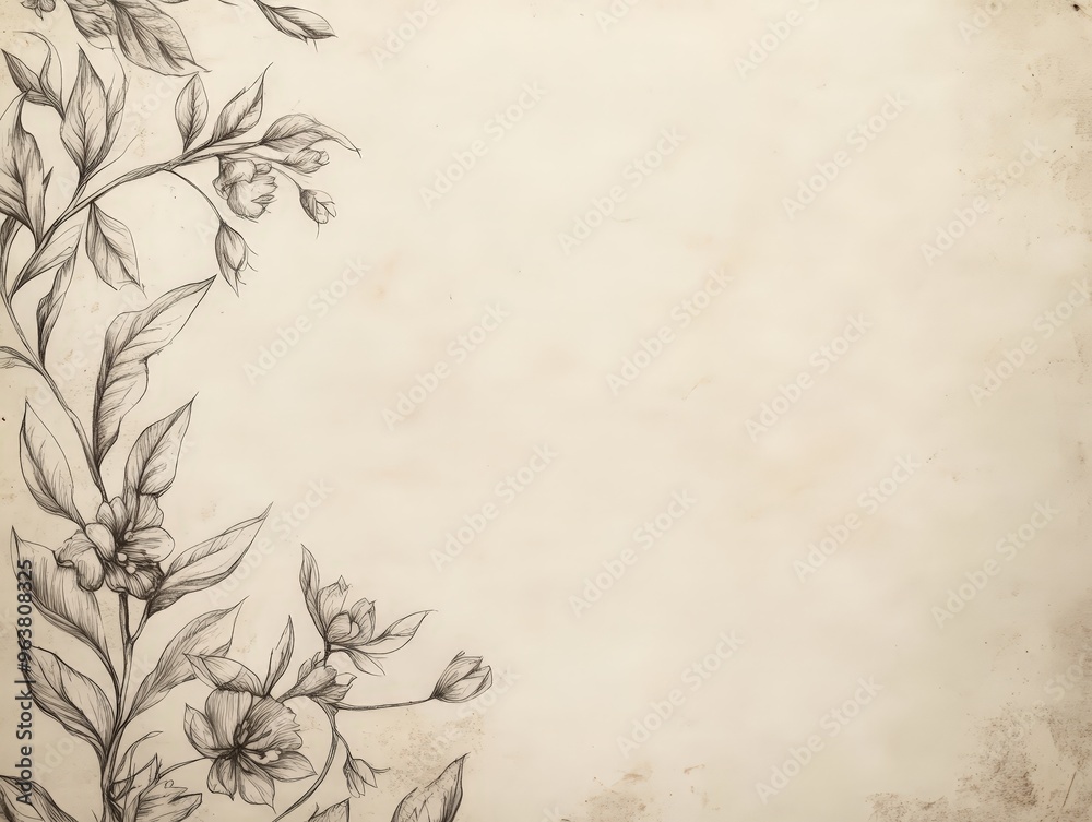 Obraz premium A Large Blank White Paper with Ink Drawings of Leaves