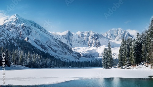 A Scenic View Of A Snow-Covered Mountain Range With A Frozen Lake In The Foreground .