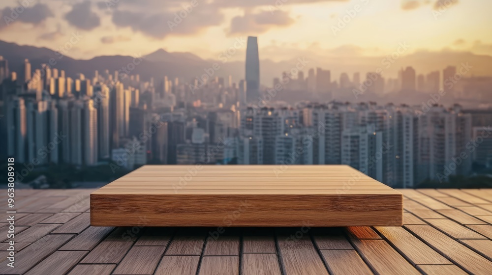 Obraz premium Wooden platform overlooking city