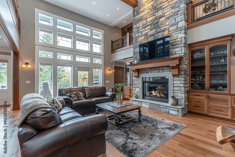 Modern living room with fireplace, TV, leather sofa, and built-in cabinets, featuring a large stone chimney for added elegance. Modern living room with fireplace, TV, leather sofa, and built-in cabinets, featuring a large stone chimney for added elegance.
