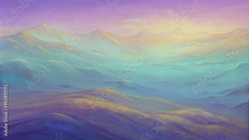 Colorful mountain landscape at sunrise, pastel gradient, serene atmosphere