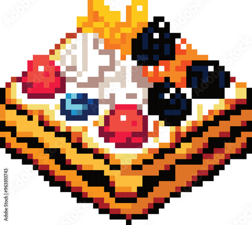 Pixelated Pancake Paradise: A delightful 8-bit rendition of a towering pancake stack, adorned with vibrant blueberries, cherries, and whipped cream, perfect for your retro-themed designs.