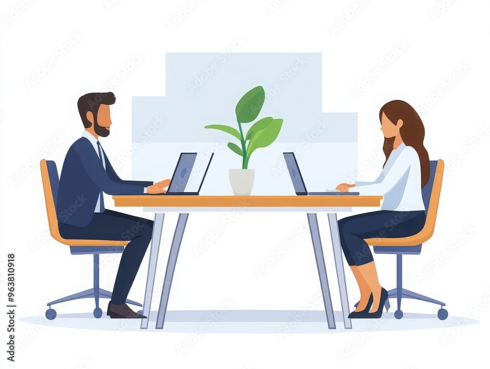 Illustration of a man and woman working on laptops at a shared office desk, emphasizing professional collaboration and modern workplace environment. Illustration of a man and woman working on laptops at a shared office desk, emphasizing professional collaboration and modern workplace environment.