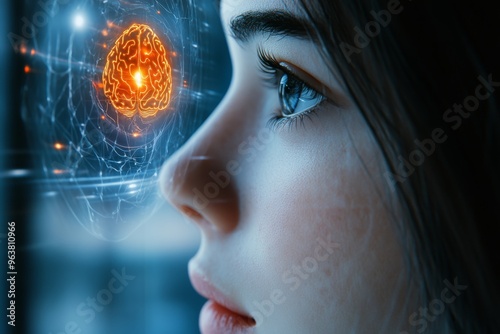 Neuronal excitability neurovascular coupling and perineuronal nets close up profile of a woman’s face with a glowing neural brain symbolizing ai enhanced cognition and digital brain power photo