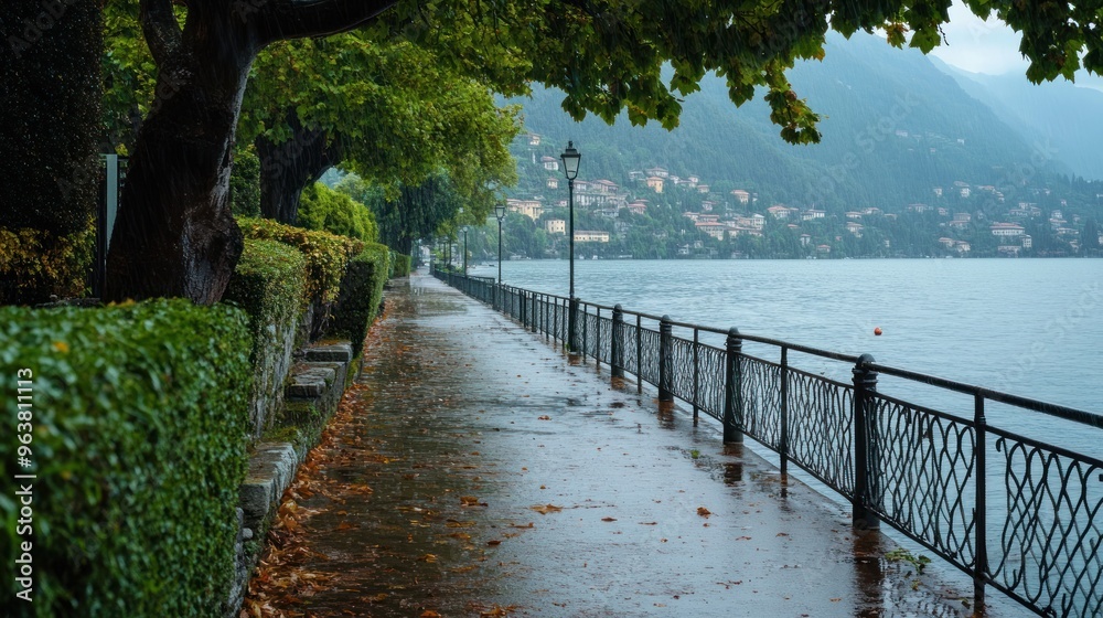 Naklejka premium A very long path along the lake