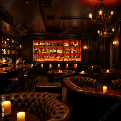 Cozy upscale bar interior with dim lighting and leather seating